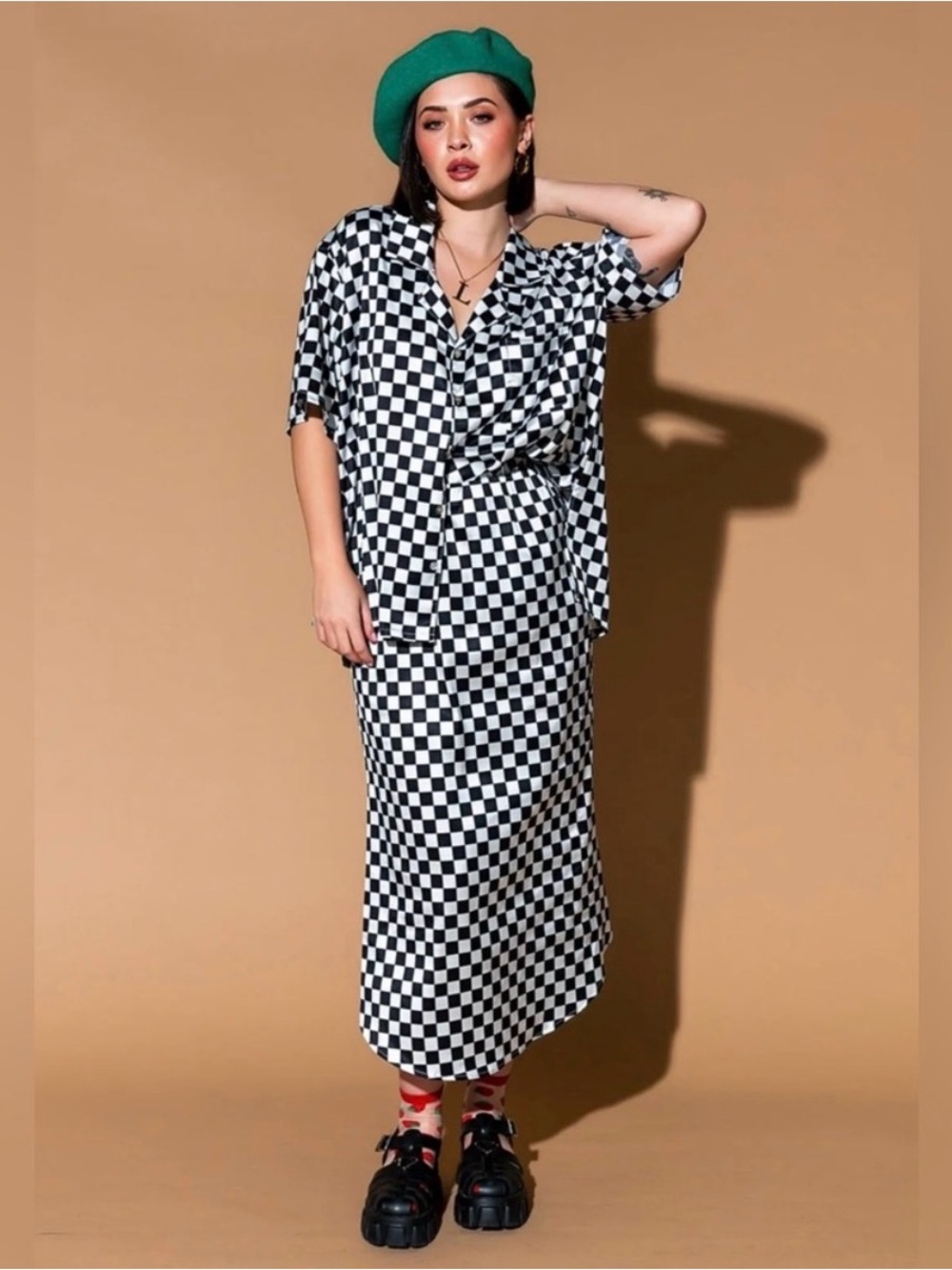 Dressed in LaLa Take Risks White Black Checkerboard Satin Skirt Set Size S